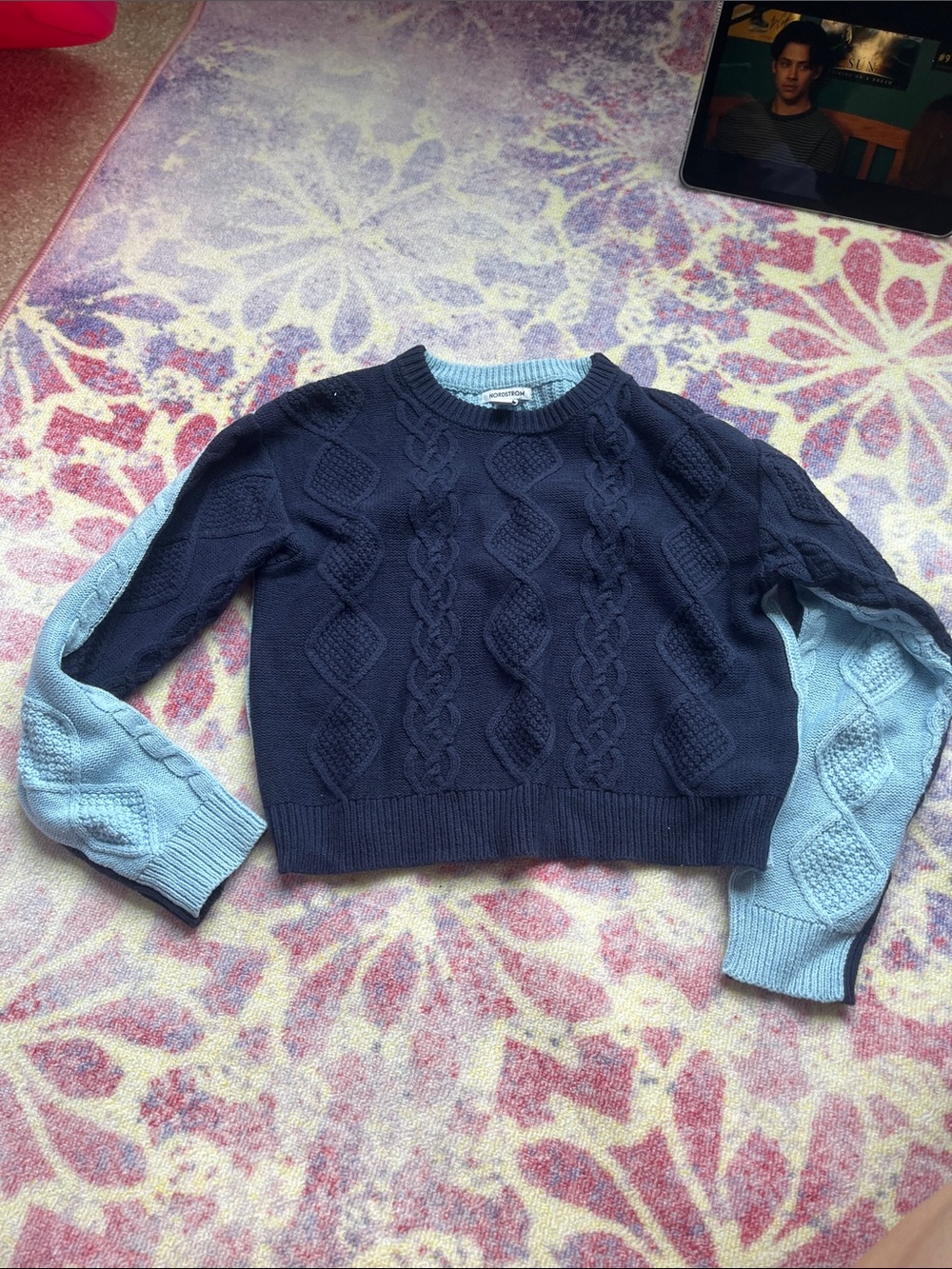 Nordstrom Navy Cable Knit Sweater with Light Blue Sleeves